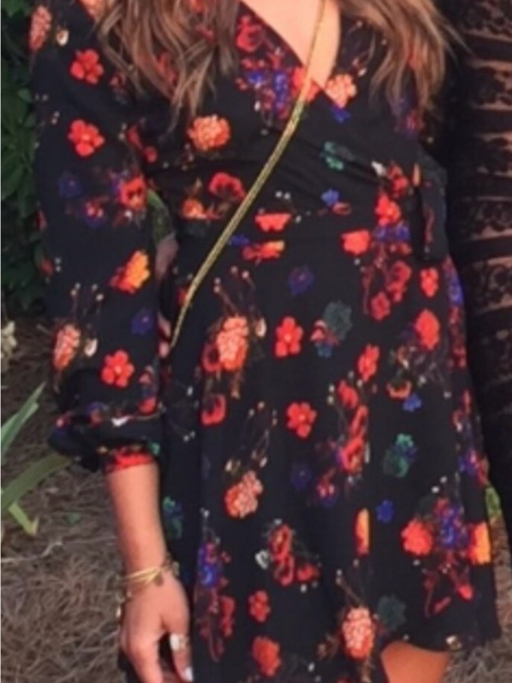 Gianni Bini Black Floral Wrap Dress with Red and Purple Accents